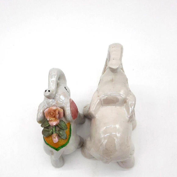 Vintage Pair Of Ceramic Iridescent Pearlescent Elephant Figurines Trunks Up - Picture 5 of 8